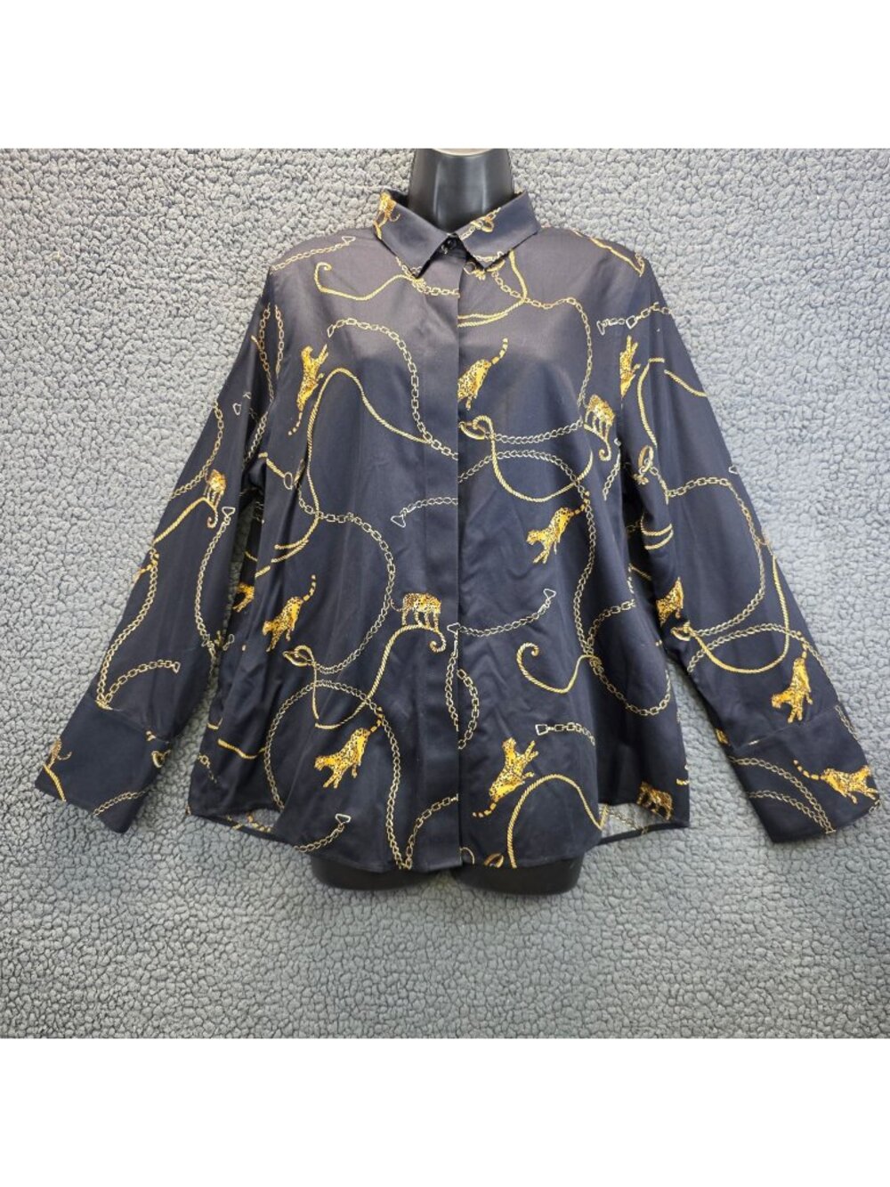 Chicos Button Down Shirt 12-14 Black Gold Chain Tiger Motif Equestrian Mob Wife